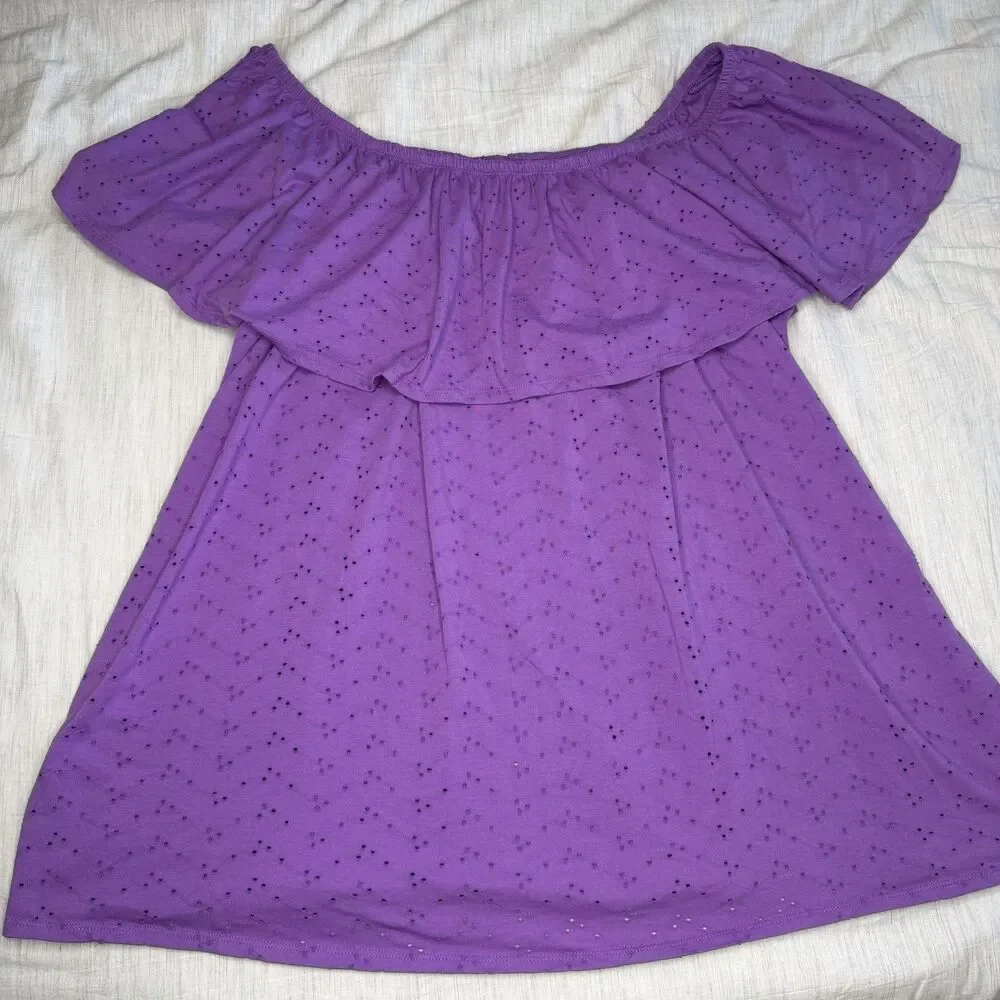 Woman Within Purple Eyelet Off the Shoulder Blouse Top Size 2X 26/28 Feminine